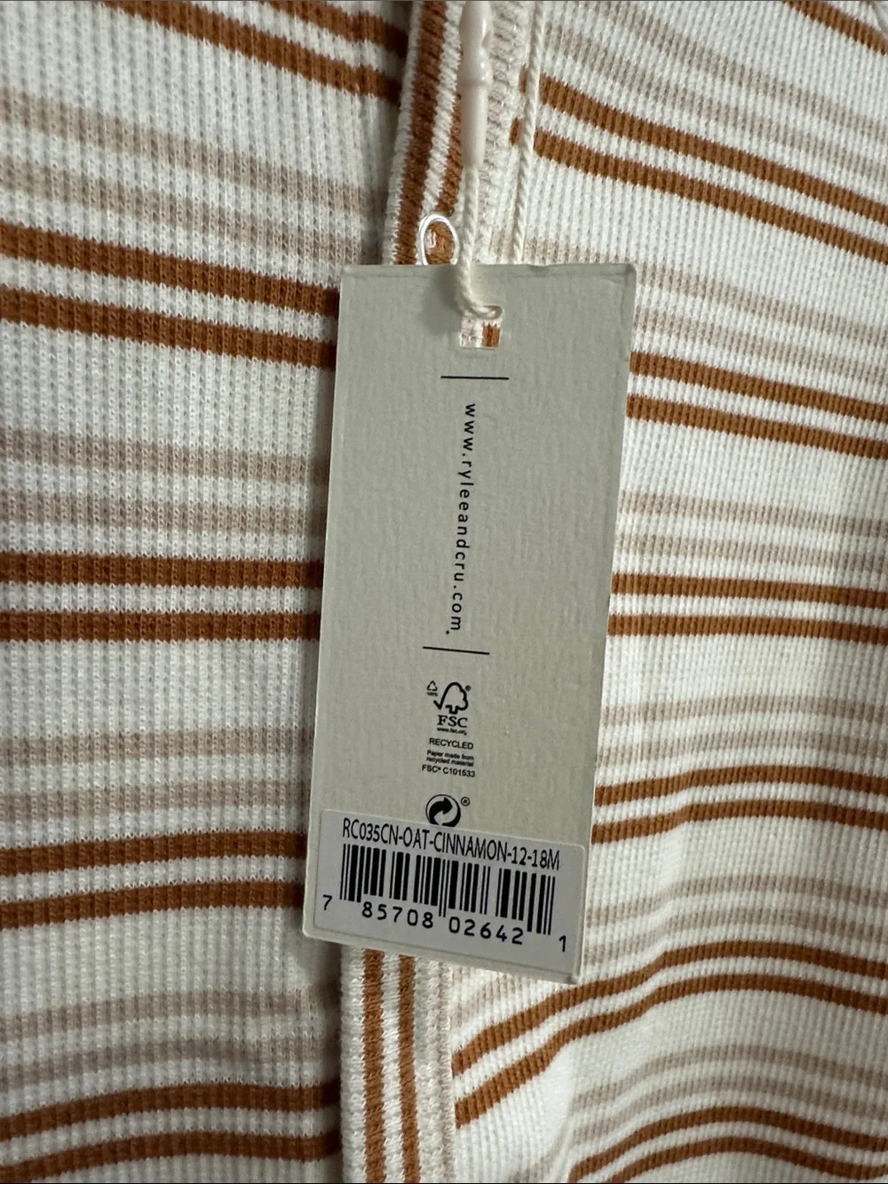 NWT Rylee + Cru Organic Cotton Ribbed Romper 12-18M Cinnamon Oat Stripe